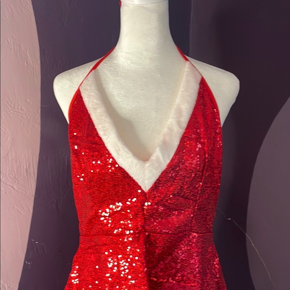 NWT Red Sequin Halter Dress with White Trim - Picture 2 of 7